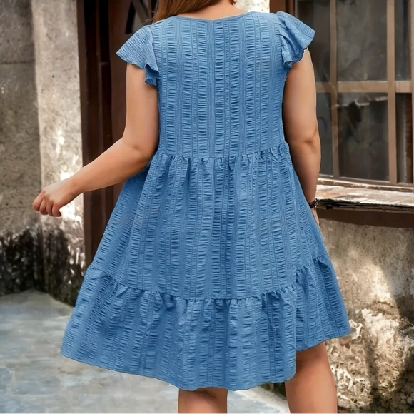 NEW Sky Blue Textured Solid Tiered Tunic Mini Dress - 2X - Picture 3 of 8